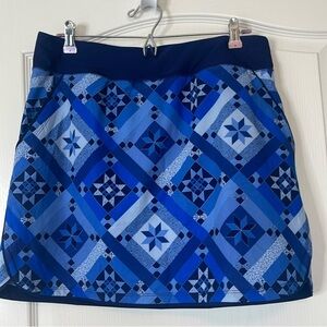 Lands End Quick Dry Board Skort Swim Skirt Navy Blue Quilt Print Size 12